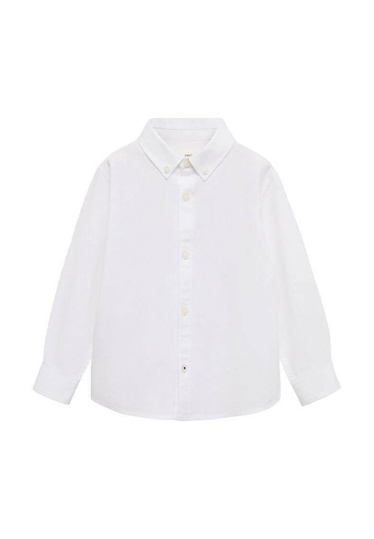Chemise blanche à manches longues avec un col, coupe droite et patte de boutonnage simple, fabriquée en tissu lisse.