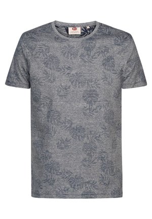 Szara koszulka z krótkim rękawem i okrągłym dekoltem, z subtelnymi ciemnymi wzorami liści oraz delikatnymi poziomymi paskami.