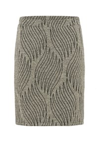 Jupe grise mi-longue avec motif de lignes ondulées noires et taille élastique, coupe droite et tissu texturé.