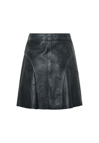 Jupe en cuir noir avec un design évasé, mettant en avant des détails de couture et une taille haute. Texture lisse et style minimaliste.