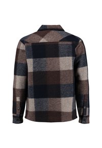 Kostkovaná košile na knoflíky s kombinací tmavě modré, hnědé a šedé barvy, vyrobená z vlněné směsi. Má límec a knoflíkové manžety.