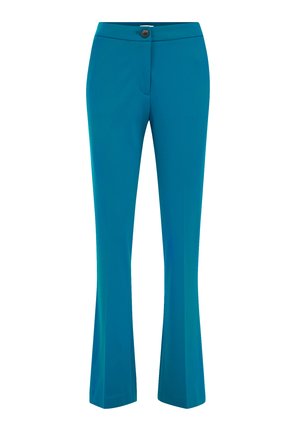 Teal flared trousers made from a smooth, stretchy fabric. Features a button closure and front pockets for added functionality.