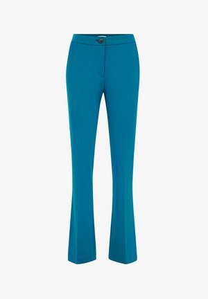 Teal flared trousers made from a smooth, stretchy fabric. Features a button closure and front pockets for added functionality.