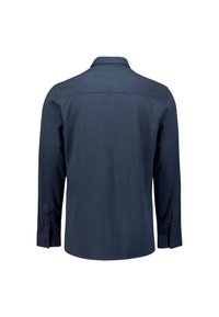 Heren overhemd met lange mouwen in donkerblauw, voorzien van een gespreide kraag, knopenmanchetten en een gladde textuur. De achterkant heeft een yoke-detail.