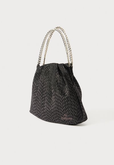 Black woven bag with a zigzag pattern, featuring silver chain handles and a gathered top. Shiny texture adds a reflective quality.