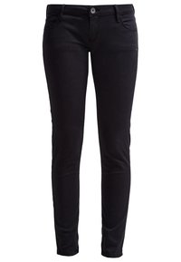 Jeans skinny de mezclilla negra con una textura suave, diseño de cinco bolsillos, pasadores para cinturón y cierre de botón frontal. Ajuste entallado y longitud hasta el tobillo.