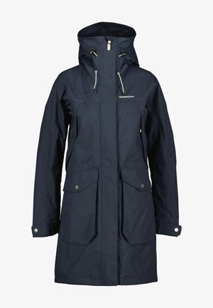 Marine waterdichte jas met een capuchon, trekkoorden, twee frontzakken en drukknoopmanchetten. Soepele textuur en praktisch ontwerp.