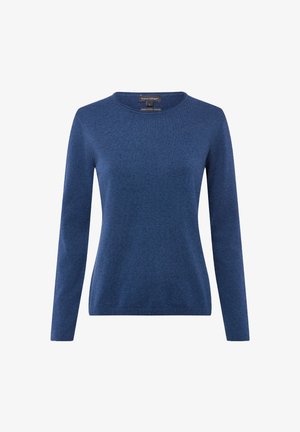 Maglione azzurro a maniche lunghe con collo tondo, realizzato in tessuto morbido e strutturato. Presenta un'etichetta sul collo, design casual e forma aderente.