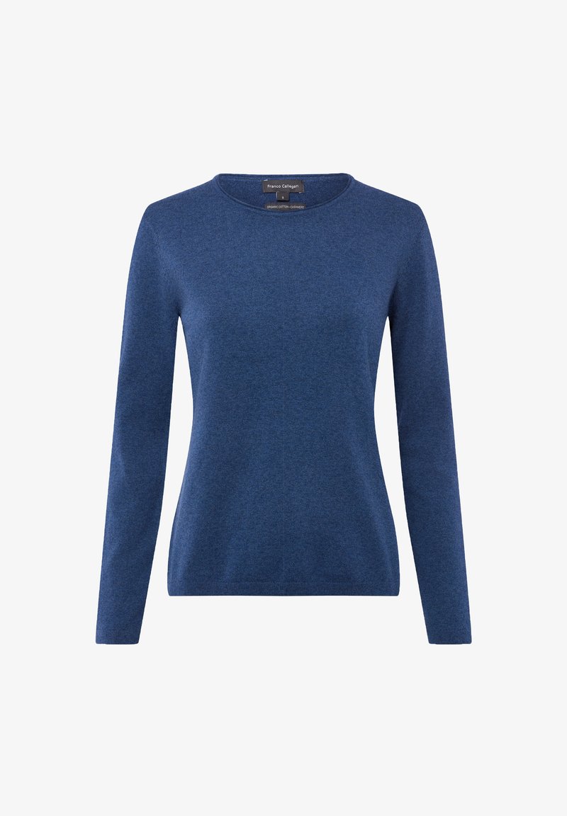 Blauer Pullover mit langen Ärmeln und rundem Ausschnitt, aus weichem, strukturiertem Stoff. Verfügt über ein Etikett am Halsausschnitt, lässiges Design und figurbetonte Form.