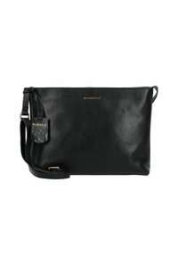 Borsa a mano nera in pelle con una superficie liscia, logo dorato, tracolla regolabile e un'etichetta decorativa con un design testurizzato.