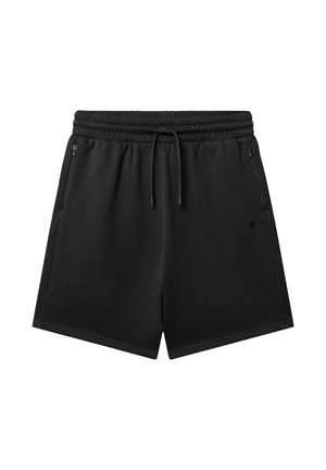 Czarne, codzienne szorty z elastycznym pasem, regulowanym sznurkiem i zapinanymi na zamek kieszeniami bocznymi.