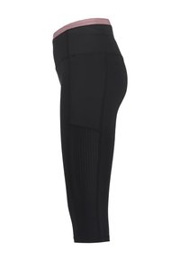 Zwarte leggings met een roze tailleband, voorzien van een textuurpaneel aan de zijkant en flatlock naden voor een gladde afwerking.