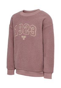 Fuzzy, mauve sweatshirt med ribbet halsudskæring og manchetter. Har hævede "1923" broderier i lys beige. Blød tekstur, afslappet pasform.
