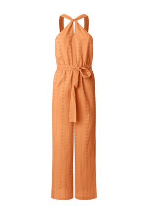 Orange jumpsuit med halterneck, uttalad rygg och knytbart midjeband. Har en texturerad stil med ögla-mönster och vida ben.