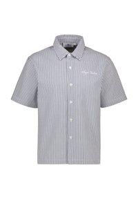 Striped short-sleeve shirt in blue and white with a button-up front and collar. Features subtle logo detail on the chest. Cotton blend material.