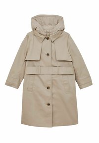 Beige knælang frakke med hætte, featuring en knaplukning, justerbart taljebælte og store klaplommer. Glat, letvægtsstof.