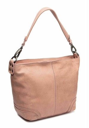 Rosa Lederhandtasche mit einem einzelnen Schulterriemen, glatter Textur und gestickten Details an den Seiten. Es sind Metallbeschläge enthalten.