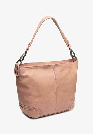 Borsa a tracolla in pelle rosa con una sola tracolla, texture liscia e dettagli cuciti sui lati. Include accessori in metallo.