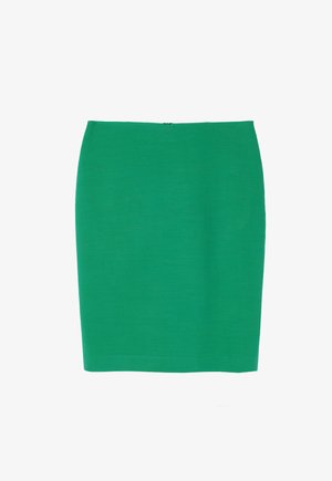 Green pencil skirt made from a smooth fabric. Features a fitted silhouette and a concealed zipper at the back. Simple, solid color design.