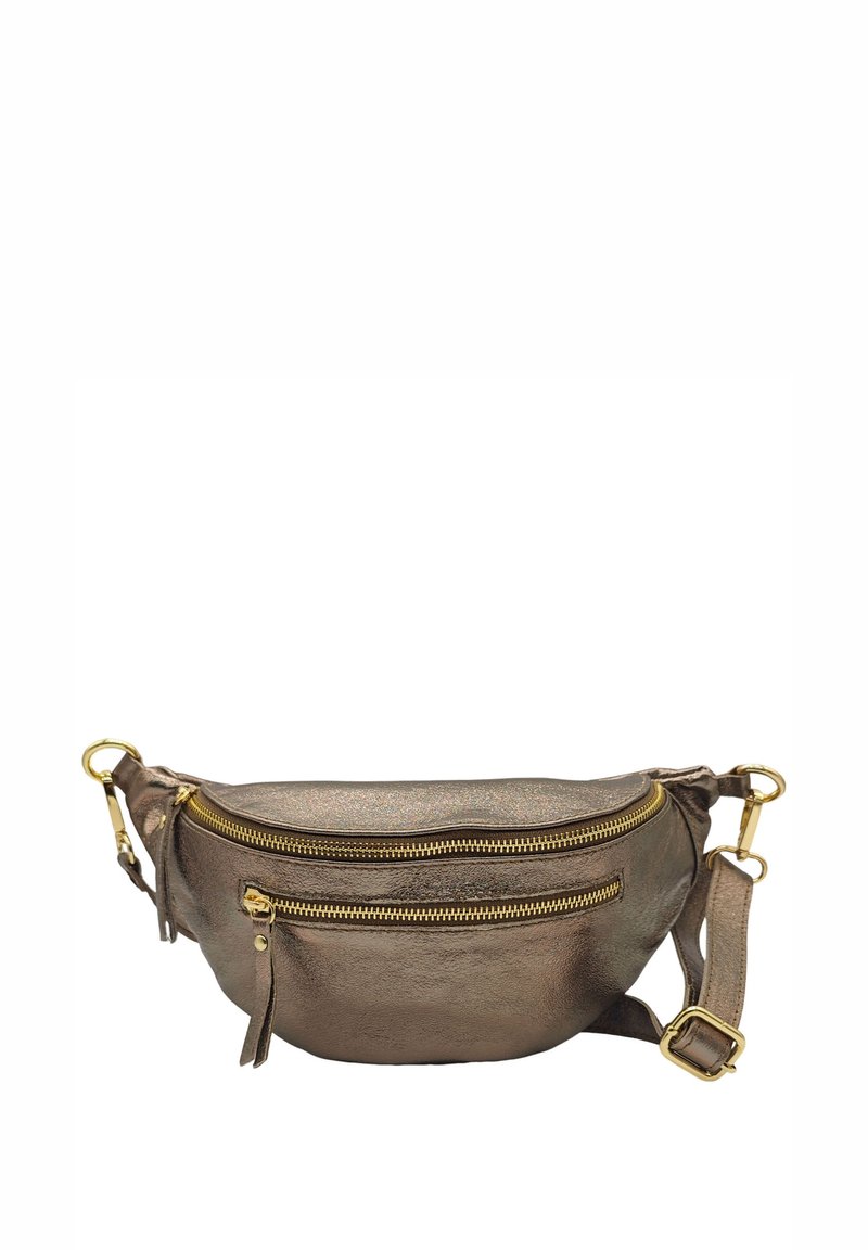 Sac banane en bronze métallisé en cuir texturé avec deux fermetures éclair dorées, une sangle réglable et un détail de frange sur le côté.