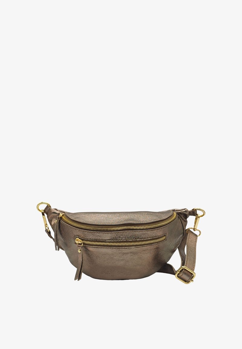 Sac banane en bronze métallisé en cuir texturé avec deux fermetures éclair dorées, une sangle réglable et un détail de frange sur le côté.