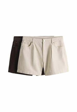 Two pairs of casual cotton shorts in beige and dark brown colors, laid flat with the beige pair on top.