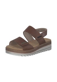 Brown leather sandals with two wide straps, a cushioned footbed, and a ridged white outsole, featuring metal accents on the straps.