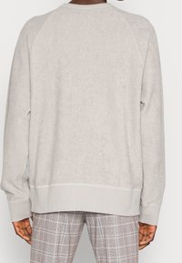 Light gray sweatshirt with a soft, textured fabric, raglan sleeves, and ribbed cuffs and hem. No visible logos or patterns.