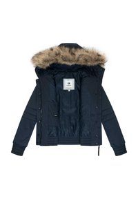 Granatowa zimowa kurtka z odczepianym kapturem wykończonym futrem, zamek błyskawiczny z przodu, napy oraz ocieplanymi rękawami, prezentowana rozpięta, z widocznym wnętrzem.