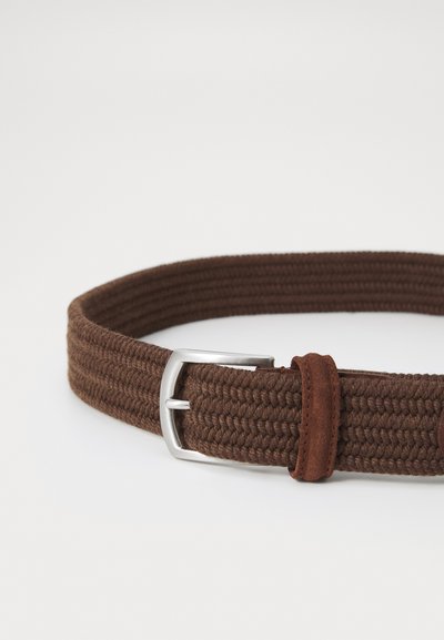 Braided brown fabric belt with a silver metal buckle and dark brown leather accents, featuring a textured woven design.