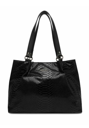 Schwarze Ledertasche mit strukturierter Oberfläche, doppelten Schulterriemen und silbernem "Lasocki"-Logo in der vorderen Mitte.