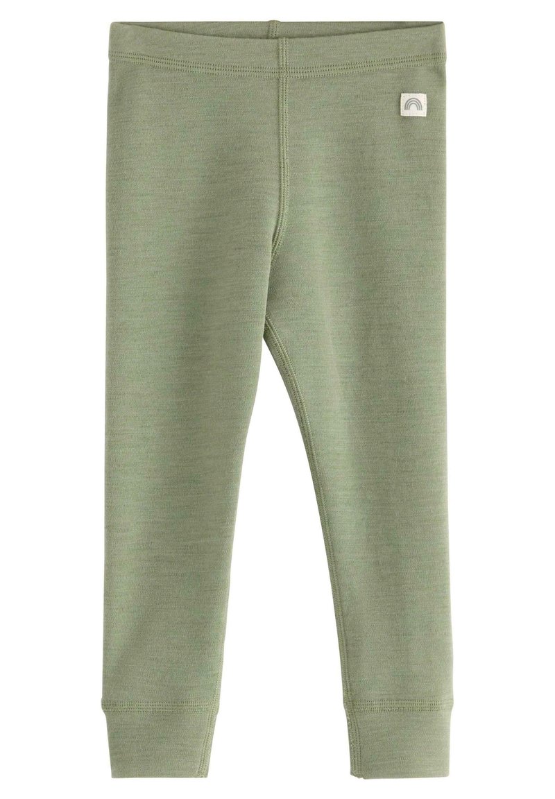 Grønne leggings lavet af blødt, strækbart stof. Har en flad linning og et lille regnbue-logo på den øverste venstre side.