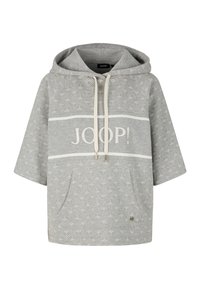 Hellgrauer Hoodie mit strukturiertem Muster, mit einem Logo über der Brust, Kordeln und einer Fronttasche. Kurze Ärmel.