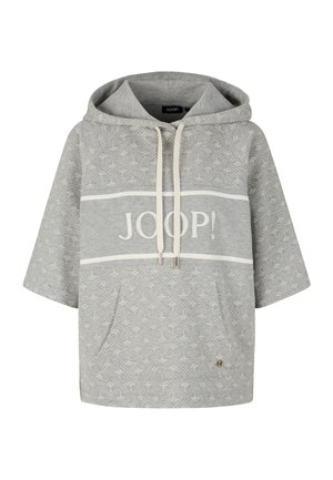 Hellgrauer Hoodie mit strukturiertem Muster, mit einem Logo über der Brust, Kordeln und einer Fronttasche. Kurze Ärmel.