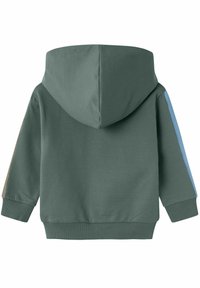 Sudadera con capucha de algodón verde oscuro con puños y dobladillo acanalados. Presenta rayas en bloque de color azul y beige a lo largo de las mangas. Parte trasera lisa.