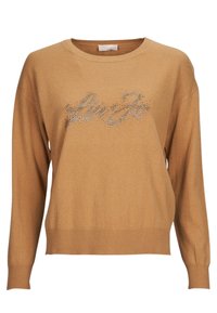 Maglione color cammello con scollatura rotonda e maniche lunghe. Caratterizzato da un luccicante ornamento di strass con testo in corsivo sul davanti.