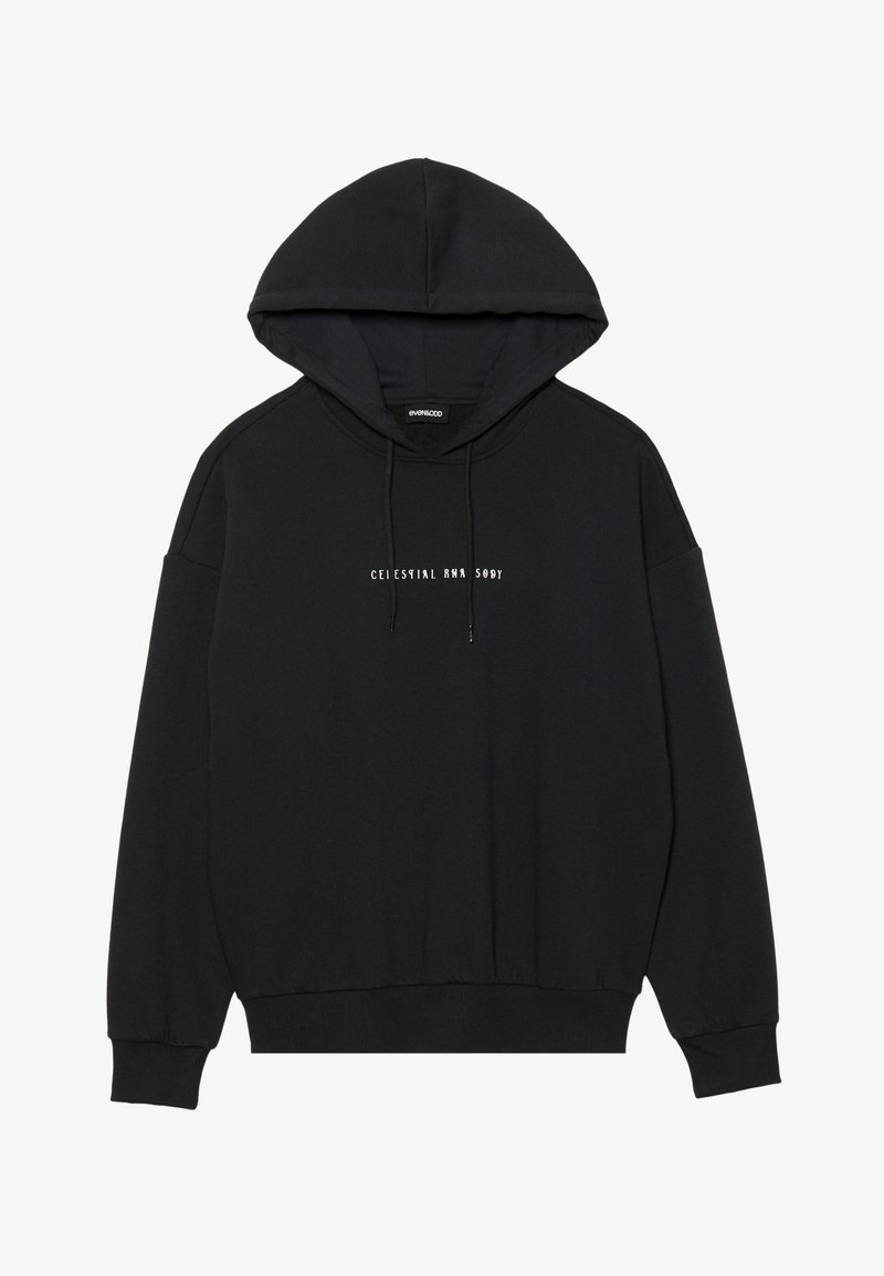 Black hooded sweatshirt with a front graphic text design. Material appears soft, featuring a relaxed fit and ribbed cuffs and hem.