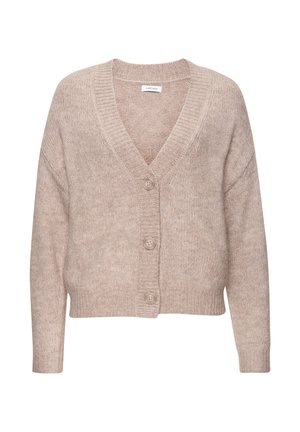 Beige knitted cardigan with a V-neck, featuring long sleeves and three front buttons. Soft texture and loose fit design.