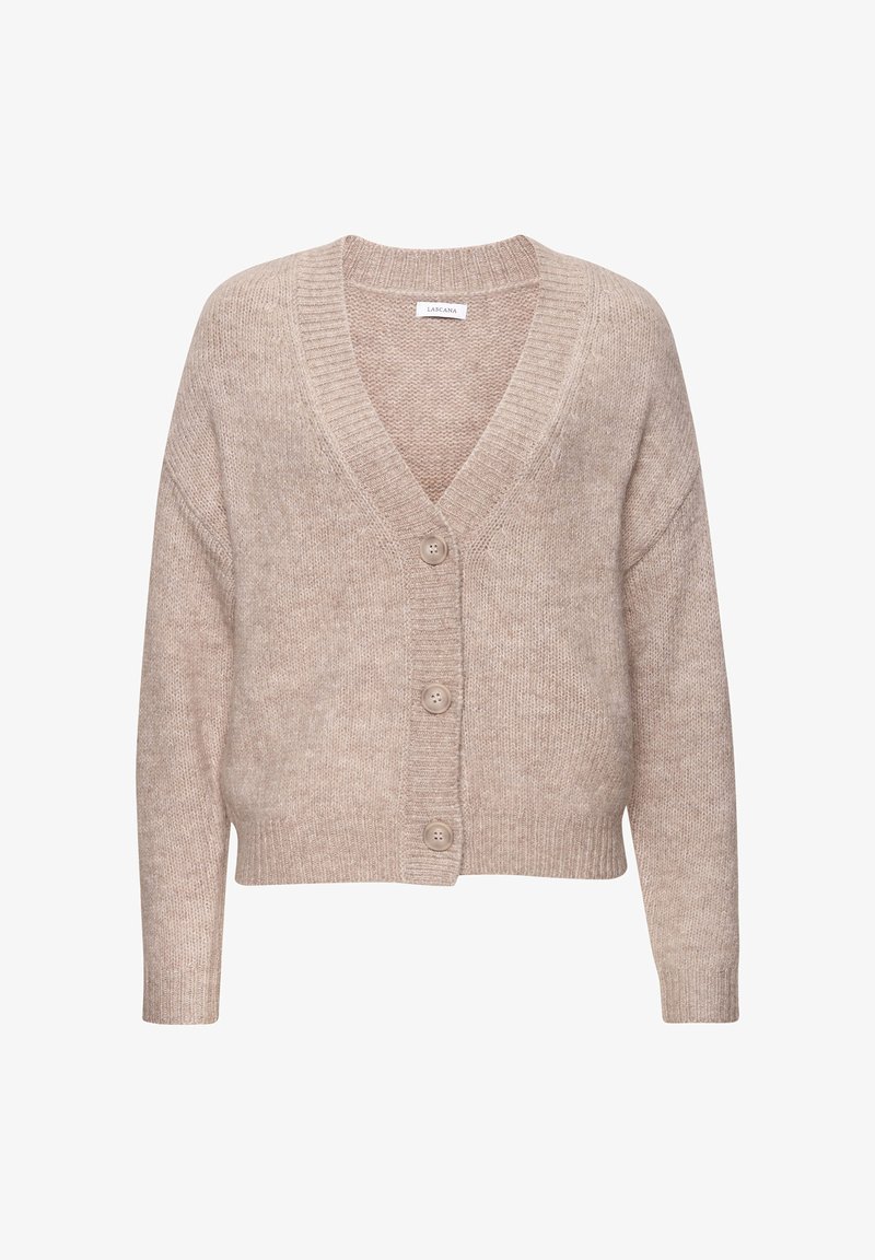 Beige gestrickte Strickjacke mit V-Ausschnitt, langen Ärmeln und drei vorderen Knöpfen. Weicher Stoff und lockerer Schnitt.