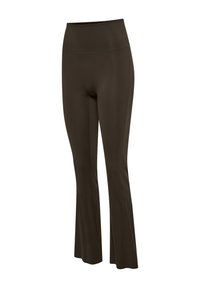 Dunkelbraune, hoch taillierte, schmal geschnittene Hose mit leicht ausgestelltem Bein am Saum, auf weißem Hintergrund dargestellt.