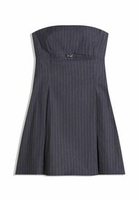 Strapless, dark gray dress with vertical pinstripes, structured bodice, flared skirt, and a hook fastening detail at the front.