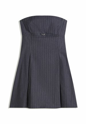 Strapless, dark gray dress with vertical pinstripes, structured bodice, flared skirt, and a hook fastening detail at the front.