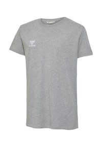 Grå kortærmet t-shirt lavet af bomuldsblanding, med rund hals og et lille hvidt logo på venstre brystområde.