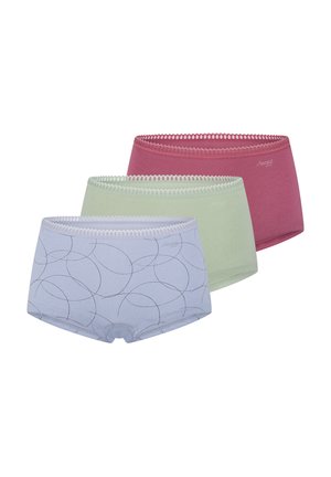 Drei Paare Damen-Hipsterunterhosen: helllila mit kreisförmigem Muster, mintgrün und burgunderrot. Weicher Stoff mit dekorativen elastischen Taillenbändern.