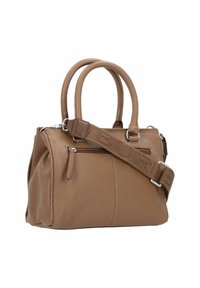 Sac à main en cuir marron avec deux poignées courtes et une bandoulière amovible. Il présente une surface texturée et une poche zippée à l'avant.