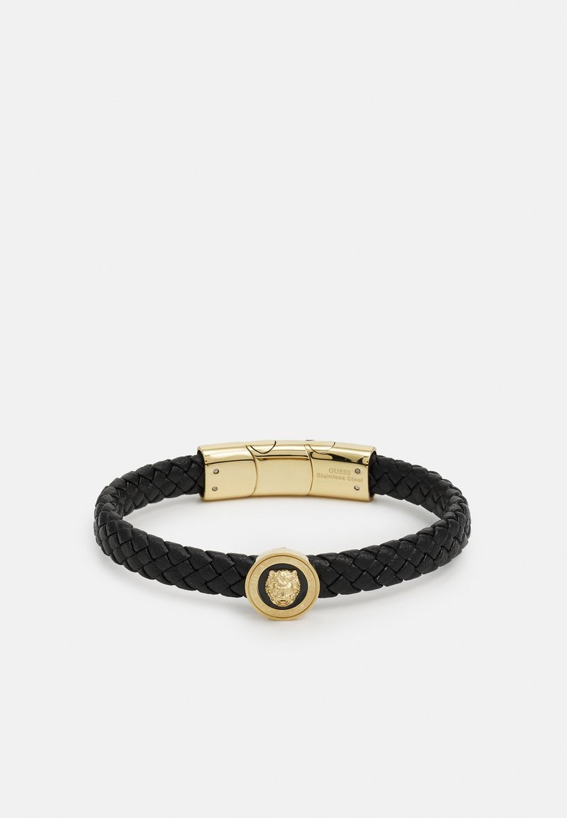 Black braided leather bracelet featuring a gold-tone stainless steel clasp with a lion emblem in the center.