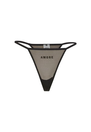 Black thong with mesh paneling and “AMORE” printed on the front. Features thin straps and a minimalist triangular shape.