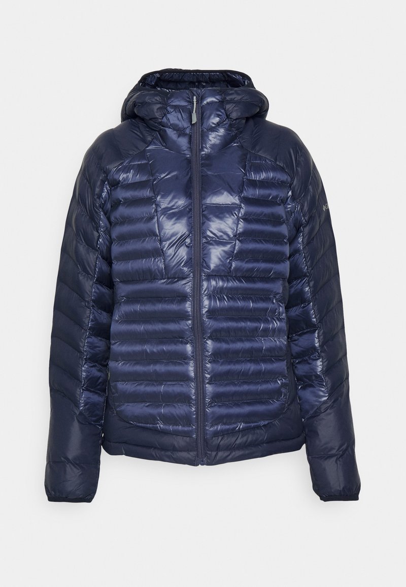 Veste rembourrée marine avec fermeture éclair à l'avant, design matelassé, capuche et texture lisse. Présente des détails de couture horizontale et verticale.