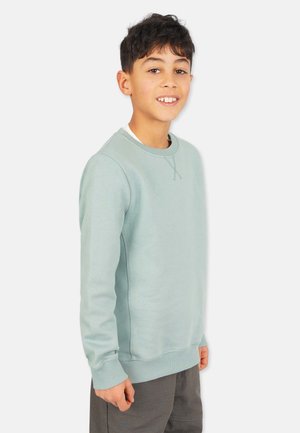 Minttivihreä collegepaita ribbailla hihoilla ja helmalla, pyöreällä kaula-aukolla ja tekstuurikuvioiduilla sivupaneeleilla, yhdistettynä harmaisiin shortseihin.