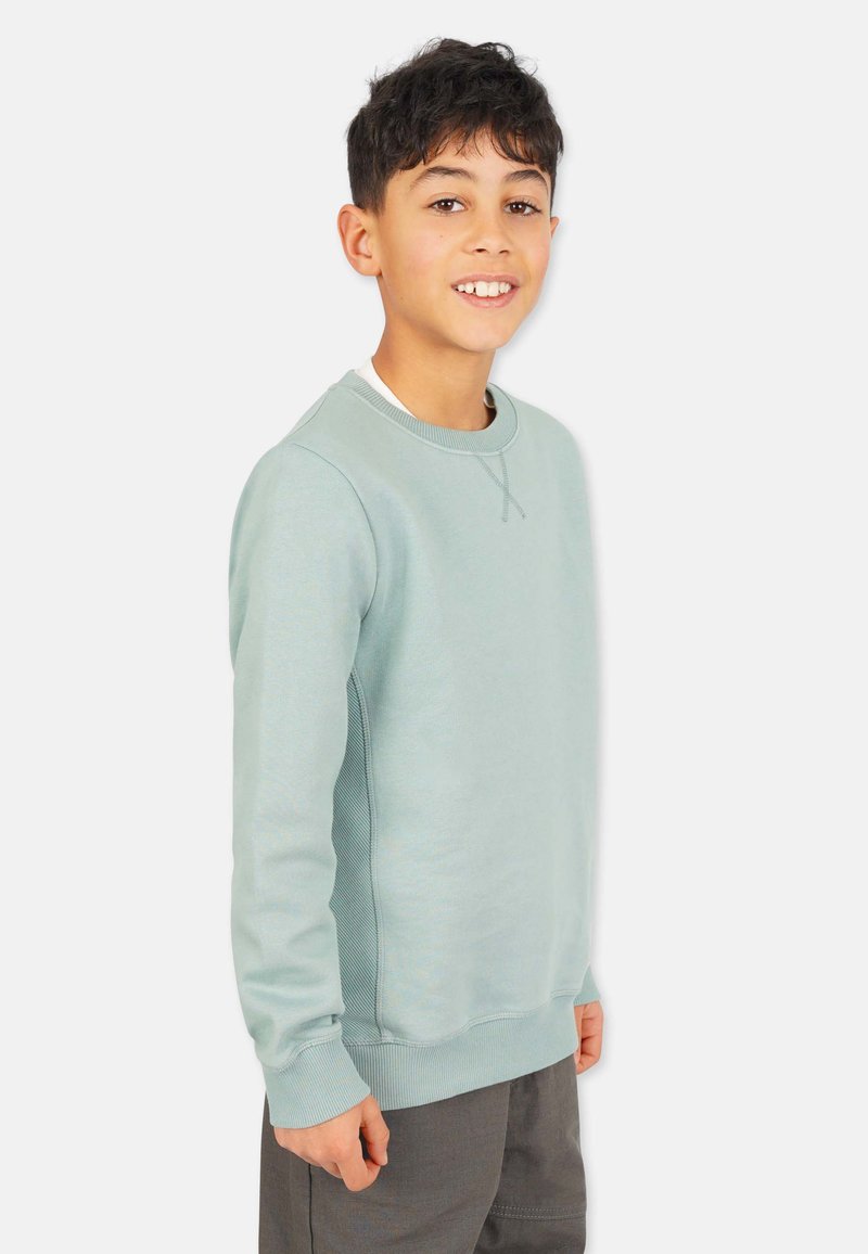 Mintgrön sweatshirt med ribbade ärmslut och fåll, rundad halsringning och texturerade sidopaneler, parat med grå shorts.